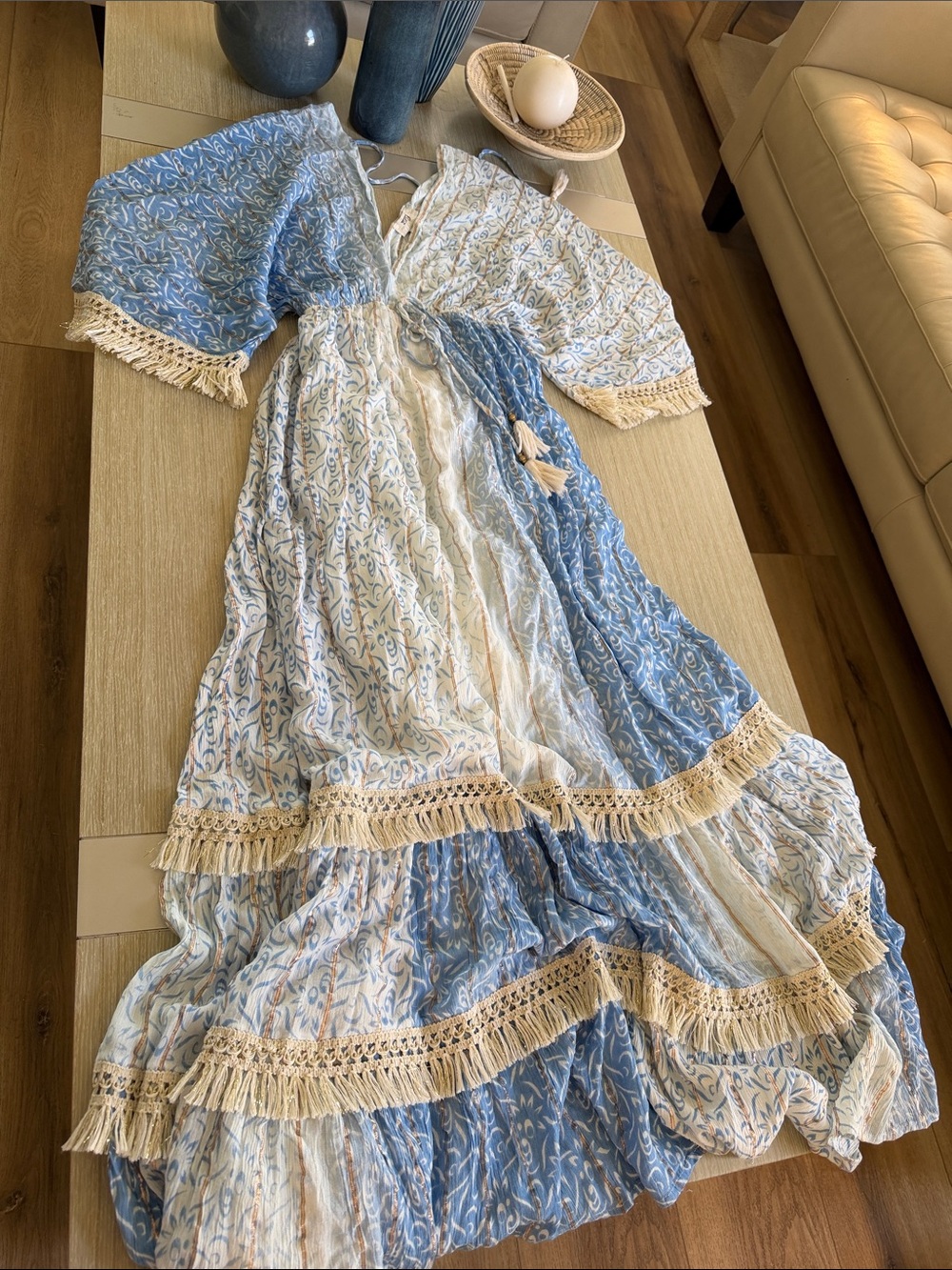 Zury Boho Blue & Cream Maxi Dress with Tassel Trim